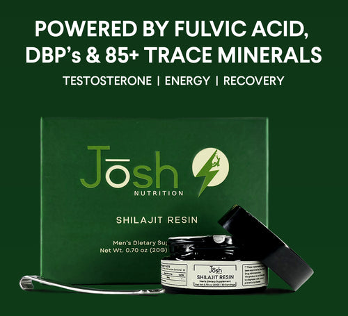 Josh Nutrition Shilajit Resin premium packaging with text about fulvic acid, DBP's, and trace minerals on a green background.